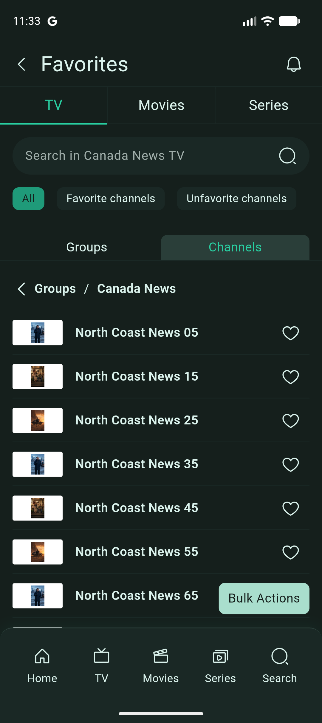 The channel list in the Favorites manager, with a Favorite channel control on every row.