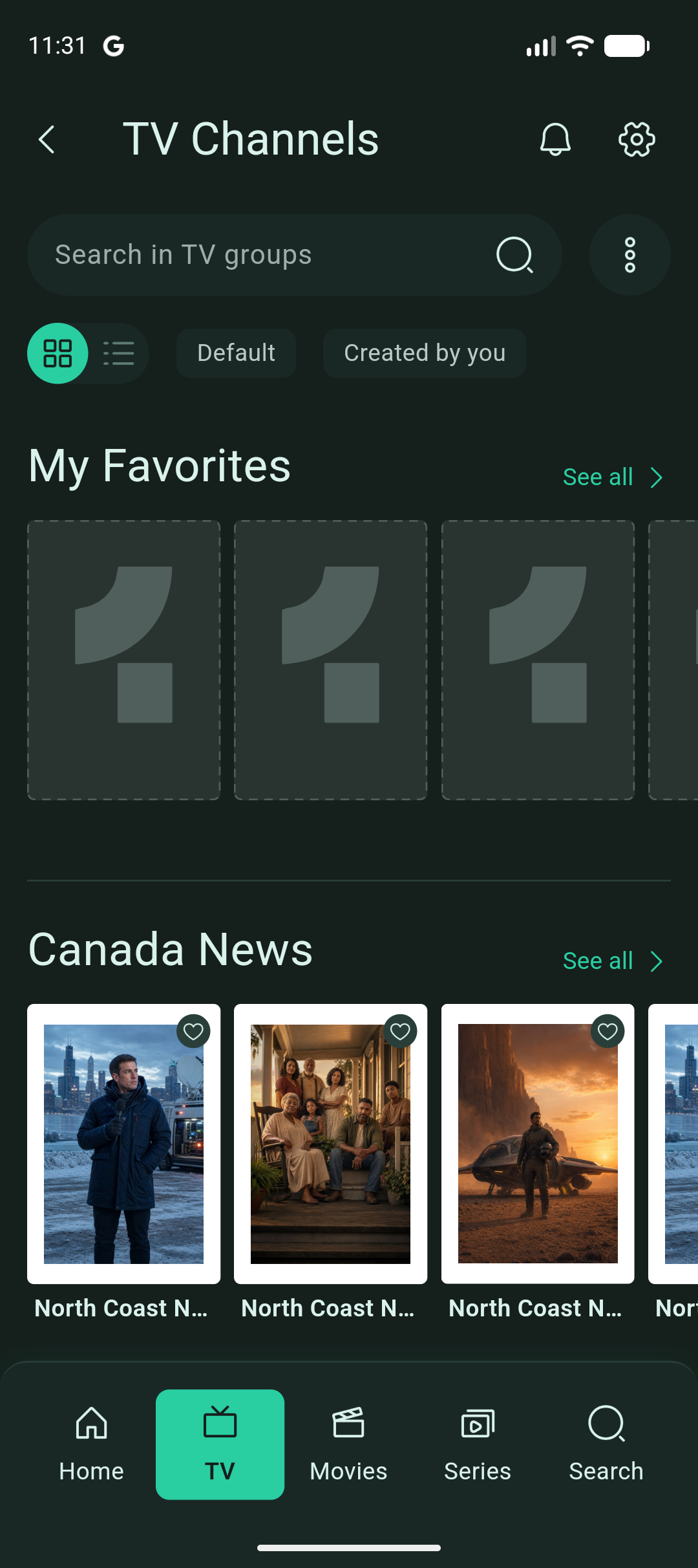 TV browsing on mobile, with heart buttons in the upper-right corner of item cards.