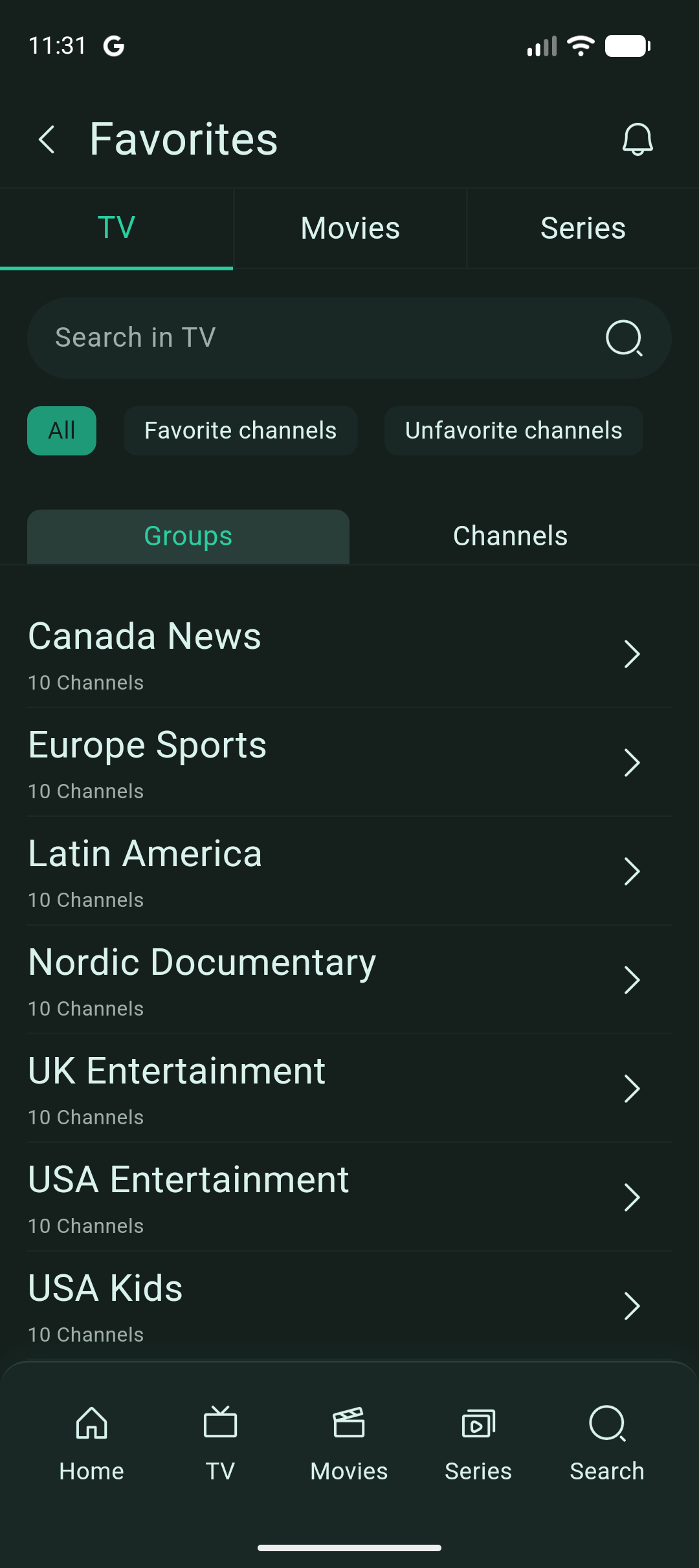 The Favorites manager on mobile, showing TV, Movies, Series, filters, and groups.